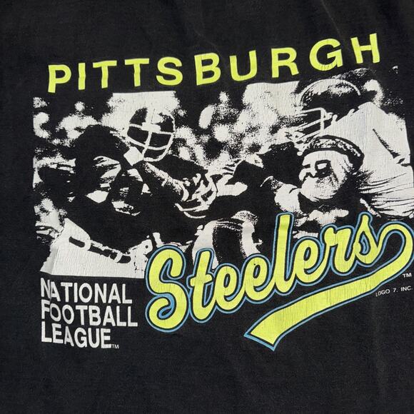 Vintage Logo 7 Pittsburgh Steelers T-Shirt Black XL 21x27 Single Stitch USA - Picture 2 of 7